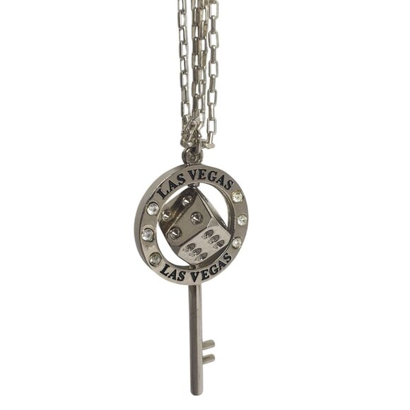 Las Vegas Key Dice Necklace 17" Silver Tone Faux Pearl Rhinestone Accents - Picture 5 of 5
